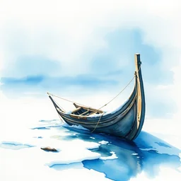 small centered on watercolor paper, paint brush strokes, abstract watercolor painting of ancient viking wreck in frozen lake in snow, daylight, blue sky, cinematic light, national romanticism by hans dahl, by jesper ejsing, by anders zorn, by greg rutkowski, by greg manchess, by tyler edlin