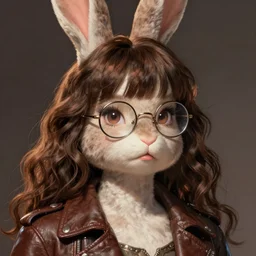 pin - up rabbit woman with bangs, wavy brown hair and bangs, wearing round thin - rimmed glasses and a leather jacket, she has a big, round jawline, dramatic lighting, illustration by greg rutkowski, yoji shinkawa, digital art, concept art, trending on artstation
