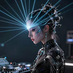 cinematic portrait of a cyberpunk dj with laser hair, intricate, elegant, by alyssa monks, highly detailed, fine details, masterpiece, trending on artstation