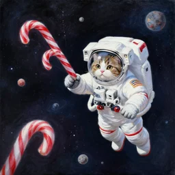 painting of astronaut cat in space, candy canes in space, candy cane asteroid belt, candy canes flying in space, cat in astronaut suit in space, cat astronaut avoiding candy cane asteroids, astronaut cat