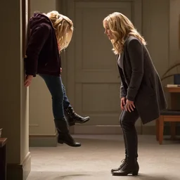 jenna fischer stares at her feet, which have started floating away