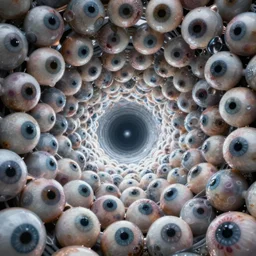 an interdimensional portal made of hundreds of creepy eyeballs staring at you contrast detailed horror ink pen drawing