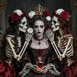 a dead French Queen is haunted by two skeleton girls who whisper in her ear, red and white flowers, perfume, baroque, queer