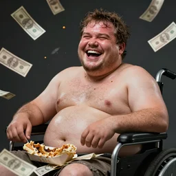 close up portrait of scruffy sweating laughing fat man sat in a mobility chairs, over piles half eaten rotting fast food, money thrown and floats in the air, hyper realistic photo, full colour, upscale, 8 k, masterpiece,