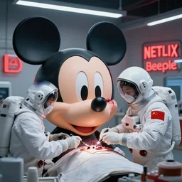 futuristic garage mechanics wearing astronaut helmets doing surgery on a huge mickey mouse doll head that has a bloody cheek wound! red netflix neon office sign in background, beeple!!, minimal, movie still in in private car garage, dystopian