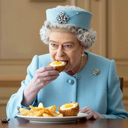 The Queen of England eating scotch egg and chips, award winning food photography