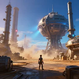 a film still from elysium by ian mcque - an industrial interstellar docking space harbour, vibrant, dusty, 5 0 mm lens, video game character and environment design, behance hd, studio, blues, evening, dramatic lighting, cinematic, global illumination, deviant art, trending on artstation, bloom
