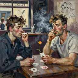 oil painting in the style of john craxton sailors in the shadows of a pub. in the style of ivon hitchins. strong expressions on faces. holding cigarettes. scratch. strong lighting. playing cards. brush. single flower. cheekbones. smokey bar. seated figure hands on table. eyes. line drawing.