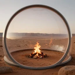 campfire in a valley on mars - inside of bubble habitat