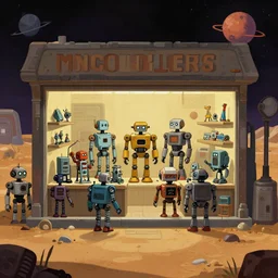 in front of a store selling robots and robot parts, [ some robots on display outside ] of the store, in a remote outpost, on a remote planet, from a space themed point and click 2 d graphic adventure game, set design inspired slightly by tomb raider, art inspired by thomas kinkade and [ [ mark keathley ] ]
