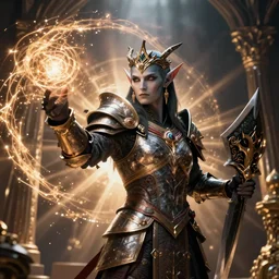 a armored holy night elf casting magic spells sword shield lord dramatic lighting cinematic establishing shot extremely high detail foto realistic cinematic lighting post processed