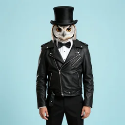 owl wearing black biker jacket, portrait photo, backlit, studio photo, suit, bow tie, black trousers, background pastel, kobalt blue, tophat, tophat