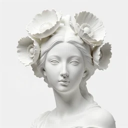 full head and shoulders, beautiful female porcelain sculpture by daniel arsham and raoul marks, smooth, all white features on a white background, delicate facial features, white eyes, white lashes, detailed white 3 d giant poppies on the head