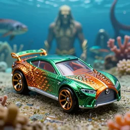 3 5 mm photo of metallic green and orange aquaman car like hot wheels model with a atlantis as background, epic cinematic, epic lighting