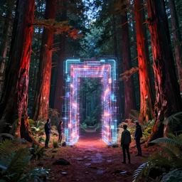 glowing cyberpunk portal in a clearing glade in a redwood forest at night. shimmering portal. the forest redwood trees are lit by a glow. by cyril rolando and naomi okubo and dan mumford and ricardo bofill. beeple. noah bradley. digital render. digital painting. trending on artstation. concept art.