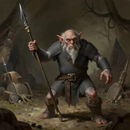 the elder goblin wearing chainmail whilst twirling a spear interior of an orc encampment greg rutkowski ismail inceoglu ishbel myerscough