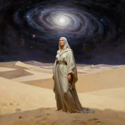 solitude of wise old beautiful woman Desert Spirit, under galactic quarrel mythological warfare sky, in the style of Frank Frazetta, Jeff Easley, Caravaggio, extremely clear and coherent, clear lines, 8K resolution