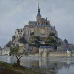 masterpiece oil painting portraying mont saint michel in the style of romanticism landscape painters with a tree on the foreground,beautiful,misty,night sky,evocative,reflection in the water