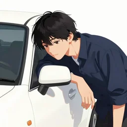 aesthetic illustration of ryosuke takahashi with black hair wearing a dark blue shirt leaning on his white mazda rx 7 on an empty highway at dusk, cinematic lighting, initial d anime 1 0 8 0 p, detailed anime face, high detail, 9 0 s anime aesthetic, volumetric lights, rule of thirds, unreal engine 5 render, pinterest wallpaper, trending on artstation