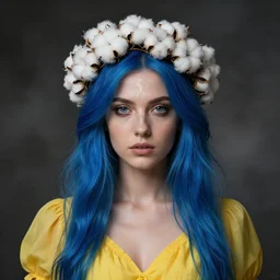 bavovna goddess, blue hair, yellow dress, crown of white! cotton!!!! flowers, beautiful symmetrical face!!!, cinematic lightning, murky dusty deep smoky eyes, isolated, studio lighting, ross tran, greg rutkowski