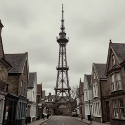 A street-level view of a gloomy fantasy Victorian-era town, single-point perspective centered in a radio tall, foreboding radio tower with cast-iron walkways; muted colors cloudy weather, damaged photograph .