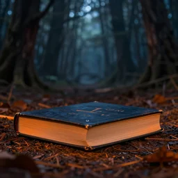 award winning photography of a creepy book, creepy forest background, burnt orange and navy hues, 40mm lens, shallow depth of field, split lighting