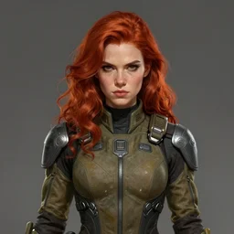 Portrait of a woman by Greg Rutkowski, she is about 20 years old, scottish, redhead wavy hair, young, attractive, athletic, badass, annoying sister vibes, she is wearing futuristic military fatigues, highly detailed portrait, scifi, digital painting, artstation, concept art, smooth, sharp foccus ilustration, Artstation HQ