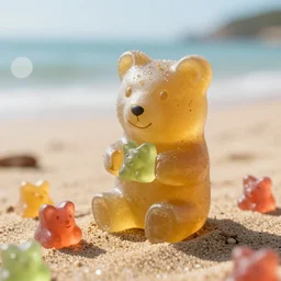 5 5 mm macro photo of a magical gummi bear, holding out its hands for a hug, on the sands of a magical beach. by raffaello ossola. highly detailed 8 k. intricate. lifelike. soft light. cinematic lighting.