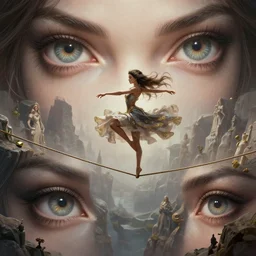 highly detailed vfx illustration, dancer dancing on a tightrope over an abyss, wonderful eyes, long hair, deep focus, d & d, fantasy, refined, elegant, high detail, digital painting, artstation, concept art, matte, clear focus, illustration, hearthstone, art by artgerm and greg rutkowski, fuji choco, victoria gavrilenko and hoang power line, lots of wow, lots of details, gorgeous, detailed, cinematic, masterpiece