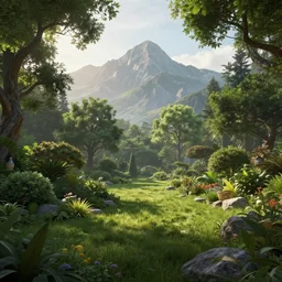 beautiful render of a garden landscape, unreal engine, first light, majestic mountains, lush meadows, dramatic trees, soft light, by greg rutkowski, cgsociety