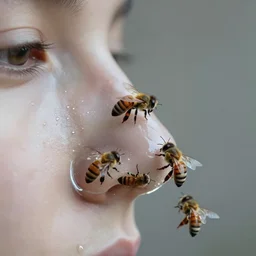 a nose that looks like glass with bees coming out from it