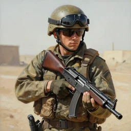 a painting of a character in the gulf war holding a Gun by Shinji Aramaki, high detail, hyperrealistic, concept art, artstation, 8k,