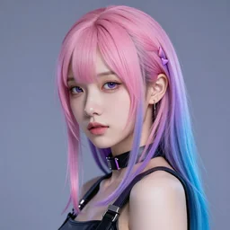 a portrait of a pretty cyberpunk girl with pink, purple, blue hair. realistic, 4 k