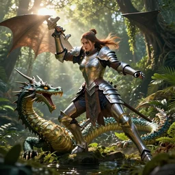 Epic picture of an armored female paladin intense fighting a hydra near a jungle pond, hyper realistic, photo realistic, dynamic lighting, HDR, 4k, high detail, volumetric lighting, lens flare