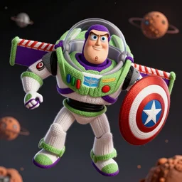 a photorealistic photograph of a knitted Buzz Lightyear themed Captain America flying through outer space, Mars in distance, featuring the shield - Trending on Artstation, featured on Behance, well-rendered, Unreal Engine, 4K HD