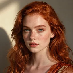 hyper realistic photography beautiful girl, face tamzin merchant, red hair, style by mikhail larionov,