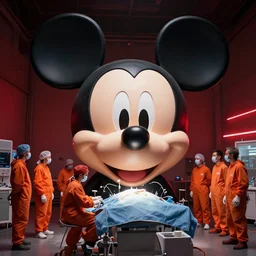 a giant mickey mouse head going through a surgery, people wearing orange overalls standing around the mickey mouse, the scene is inside a dark warehouse, red neon in the background, art by beeple and greg rutkowski
