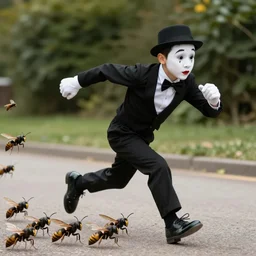 a mime being chased by angry swarm of hornets