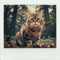 ultra wide angle a giant oversized cat in the forest backlighting, faded color polaroid, 1 9 1 0 s photography