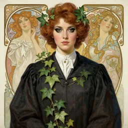 a beautiful painting of poison ivy as a lawyer who can't balance her life for love, dark eyeliner, intricate, elegant, highly detailed, digital painting, artstation, concept art, matte, sharp focus, illustration, art by rebecca guay and by arthur rackham and by alphonse mucha and by john william waterhouse