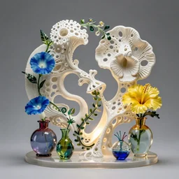 a beautiful intricate 3 d abstract glass sculpture made of white pore fungi, morning glory flowers, boho floral vines, murano round colored glass vases, yellow hibiscus flowers, top lit, octane render, soft lighting, ultra detailed, 8 k, trending in artstation, gallery piece by barbara hepworth