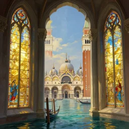 Ocean holy city, stained glass windows, gold, towering bell towers and spires, vatican, canals, venice, a fantasy digital painting by Greg Rutkowski and James Gurney, trending on Artstation, highly detailed