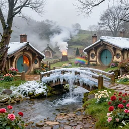 spring festival at medieval hobbit village, ornate, beautiful, atmosphere, vibe, mist, smoke, fire, chimney, rain, wet, pristine, puddles, waterfall, melting, dripping, snow, creek, moss, ice, bridge, rainbow, cobble, forest, roses, flowers, color page, 4 k, contest winner