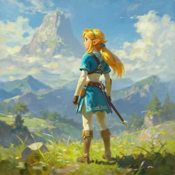 oil painting of zelda breath of the wild, mountain in the background. beautiful, rpg, dnd, artstation, artgerm, disney, pixar. epic sense of scale