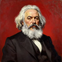 Karl Marx sitting infront of a red background oil painting