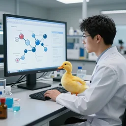 a duck scientist in a lab looking at chemistry molecule diagrams on a screen, the duck sits at a table, super resolution, 8k