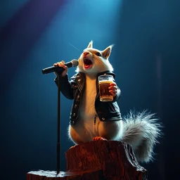 punk rock squirrel in a studded leather jacket shouting into a microphone while standing on a stump and holding a beer on dark stage. dslr photo.