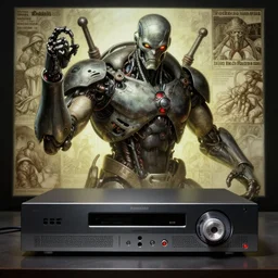 photo vhs player cyborg boris vallejo, & albrecht durer, fine art masterpiece baked at 3 0 0 f, matte painting, backlit dystopian lighting, photorealistic render, cinematic,