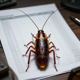 a scary cockroach sits at a desk looking at an accounting spreadsheet, beksinski, wayne barlowe, very coherent symmetrical artwork, cinematic, hyper realism, high detail, octane render, 8 k