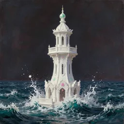 a delicate ornate white fantasy tower with pink and green decoration splashes upwards from a turbulent ocean, dramatic lighting, rich colors, beautiful painting by rhads and artgerm
